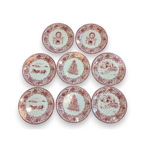 Set of 8 Restoration Hardware 10” Christmas Holiday Tin Enamel Plates Red 2003